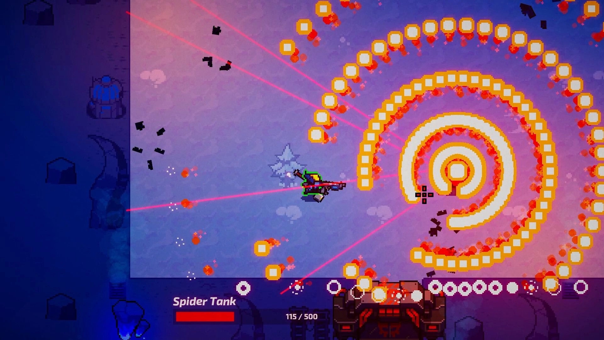 PROXY: Player ship dodges spiral bullet-hell rings and lasers in arena boss fight with Spider Tank UI.