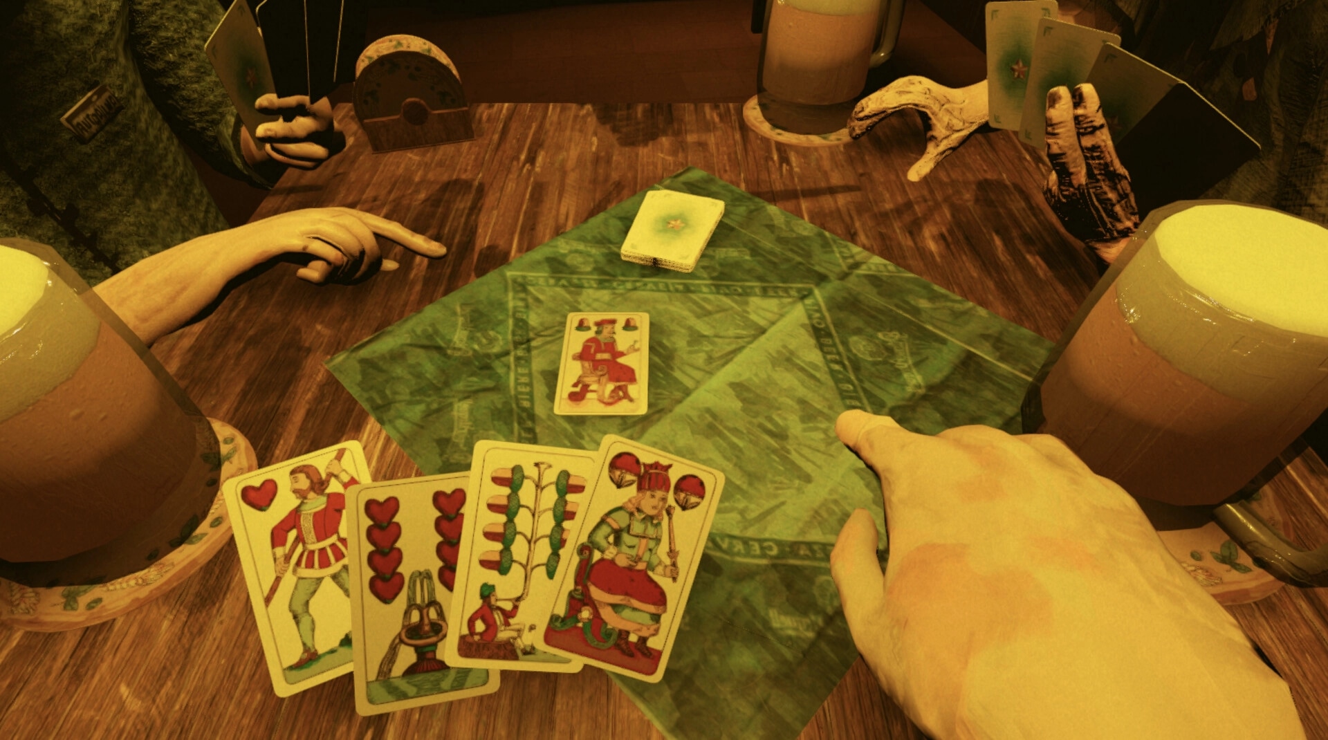 PRSI: First-person card play with hand of cards and a central discard pile on a pub table.