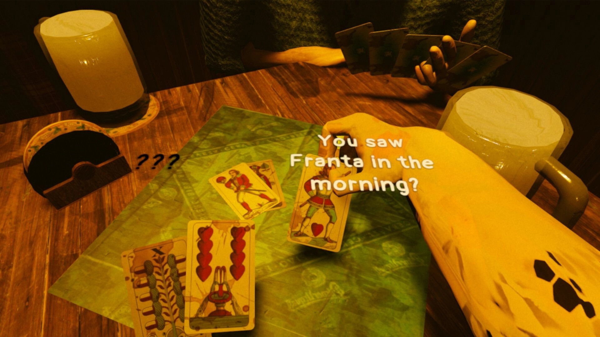 PRSI: Dialogue prompt over card table as player holds a heart card in a dim pub setting.