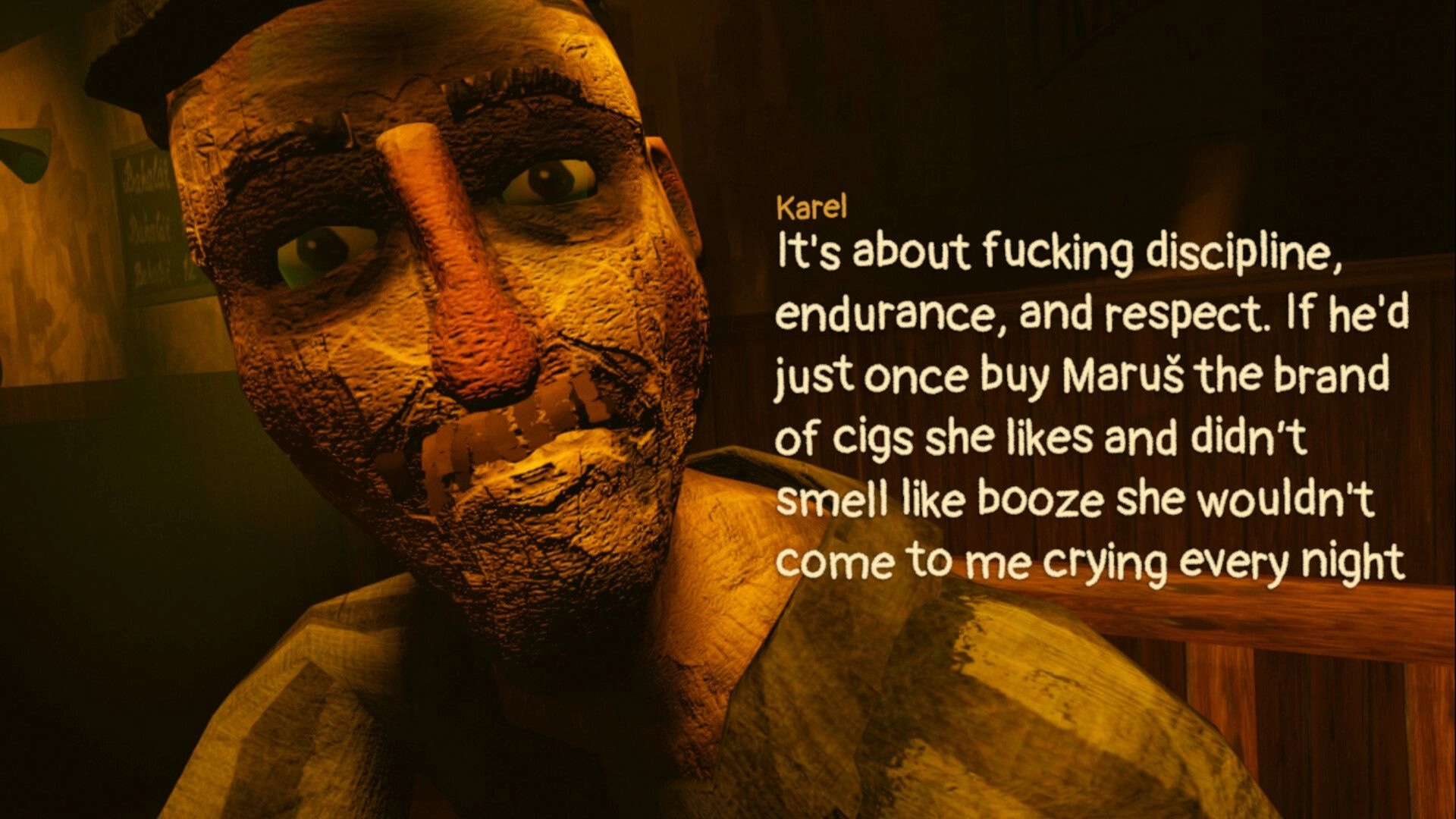 PRSI: Close-up dialogue with Karel speaking, text overlay beside his face in dim pub booth.