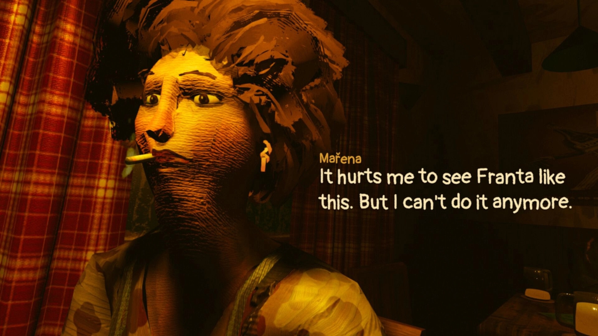 PRSI: Dialogue with Mařena portrait and subtitle text in dim pub booth with plaid curtain backdrop.