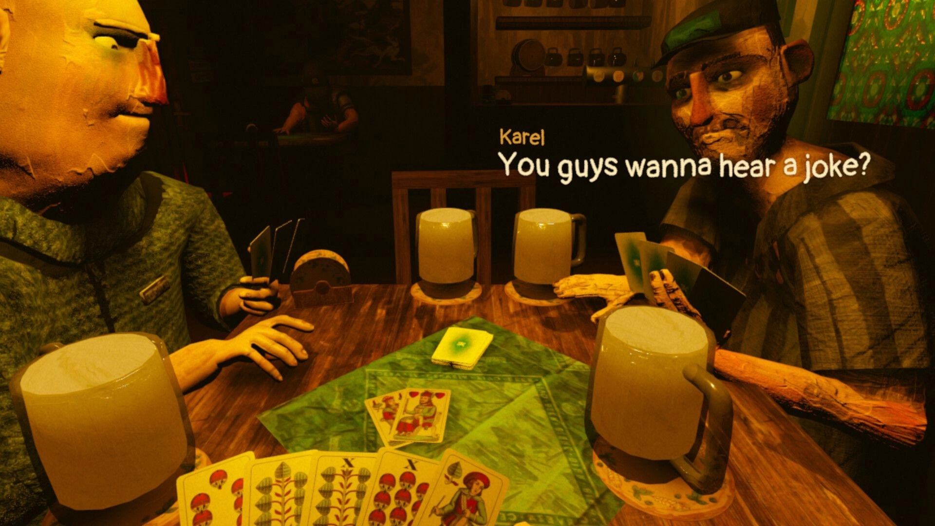 PRSI: Card game table with beer mugs and dialogue from Karel in a dim Czech pub interior.