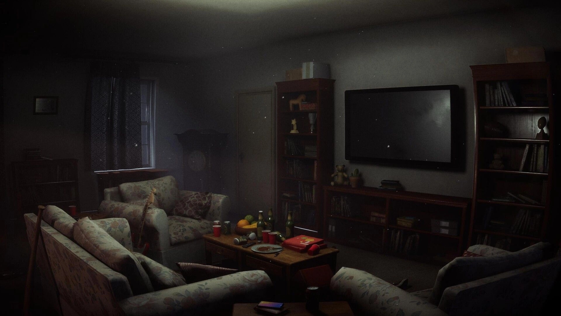 Psalm 2: Dusty living room with sofas and cluttered table, TV and bookshelves in dim light.