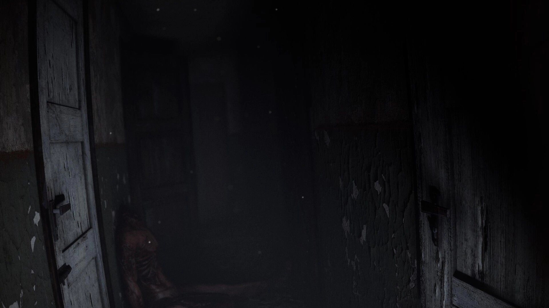 Psalm 2: First-person view down a dark hallway with cracked walls and two ajar wooden doors in fog.