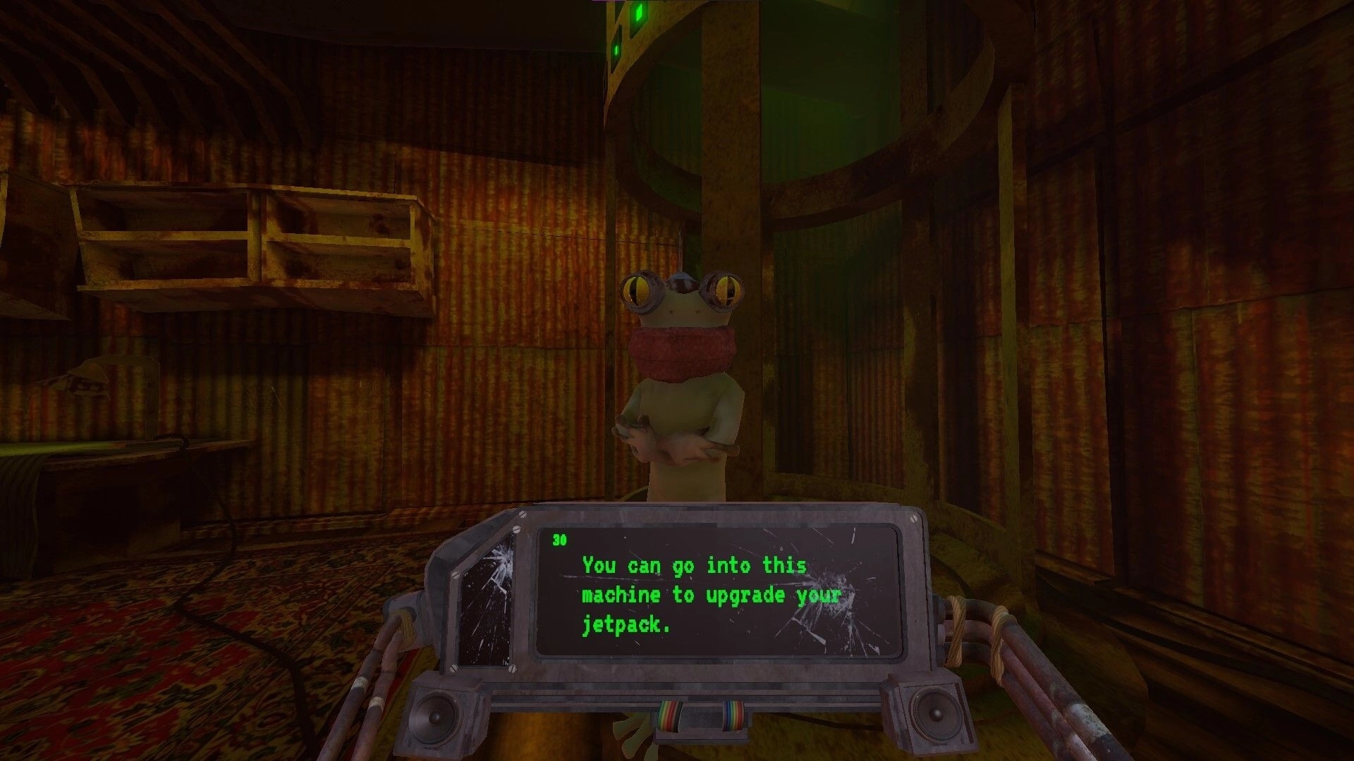 PSI: Frog NPC gives jetpack upgrade tip on handheld screen inside rusty corrugated metal room.
