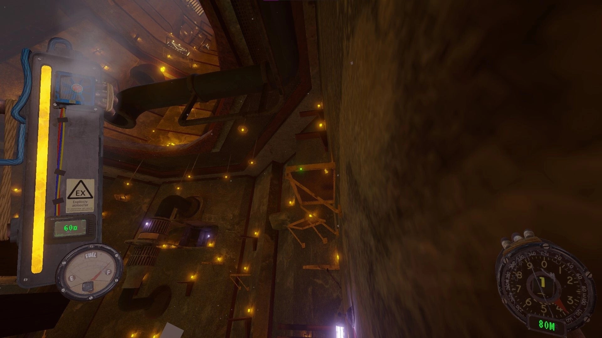 PSI: First-person climb with fuel gauge and 80m meter beside pipes in a dim industrial shaft.