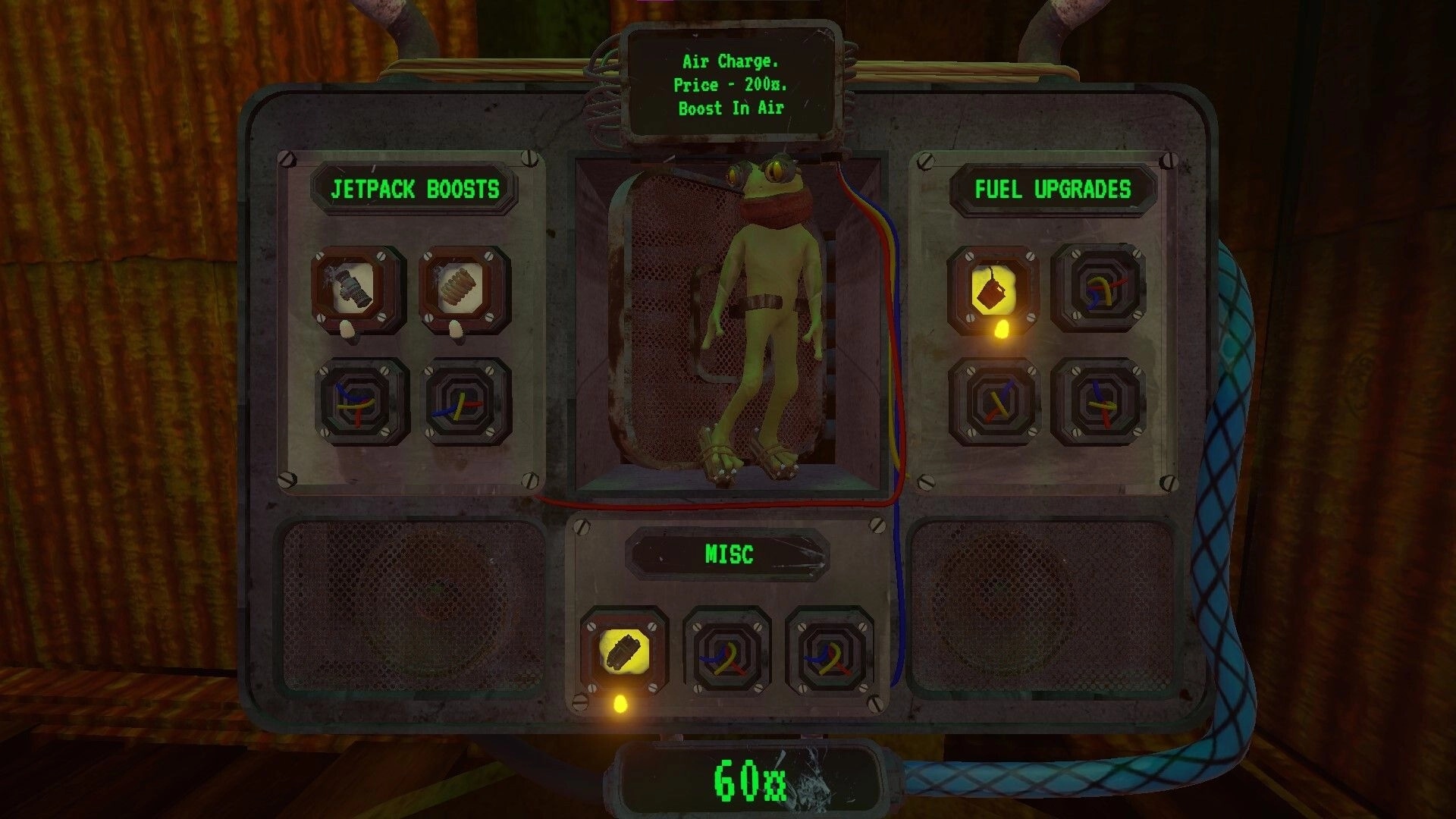 PSI: Upgrade station UI with frog in pod, jetpack boosts and fuel upgrades panels in metal room.