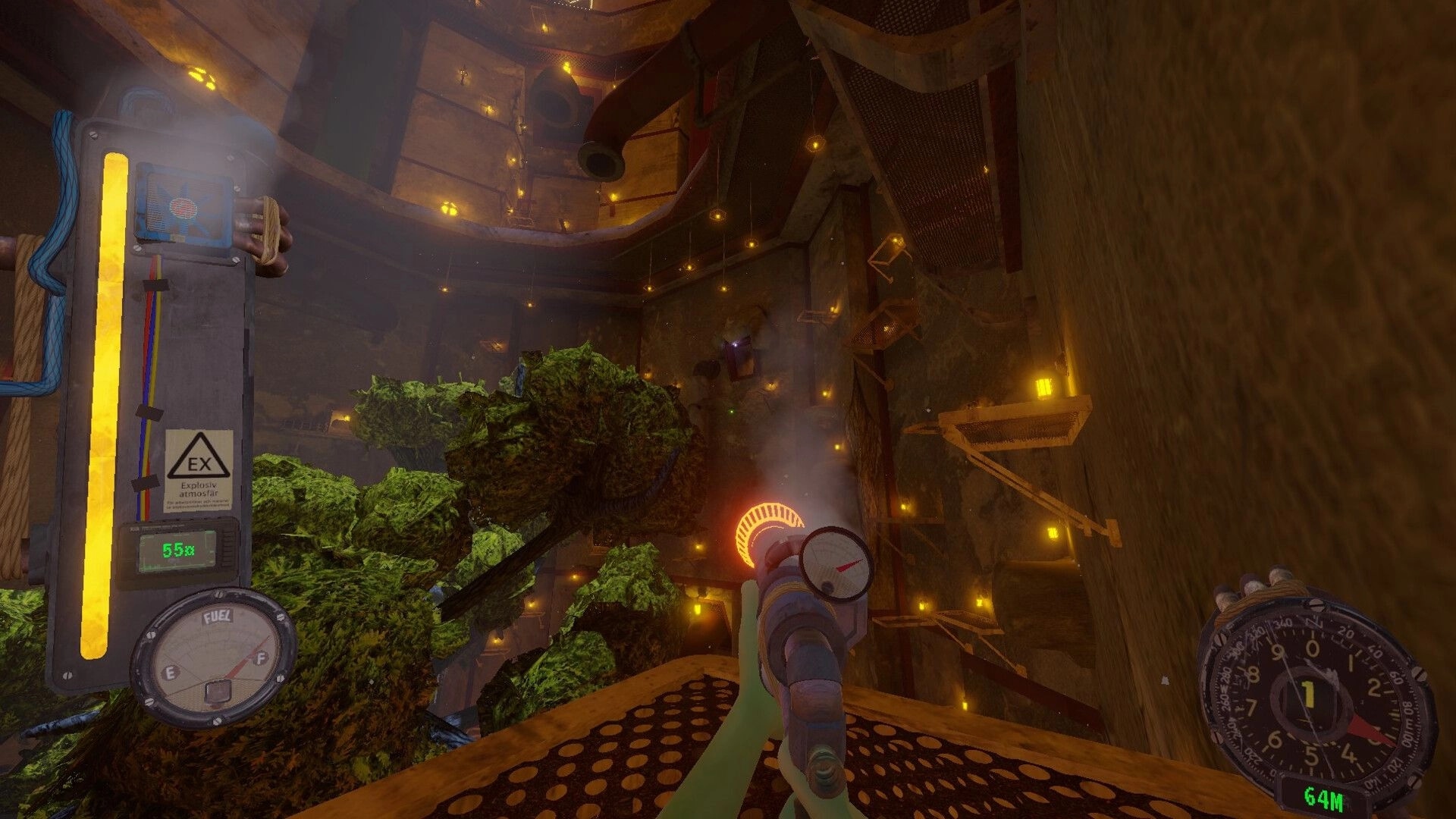 PSI: First-person view aiming a tool with fuel gauge and 64M compass inside a lit vertical shaft.