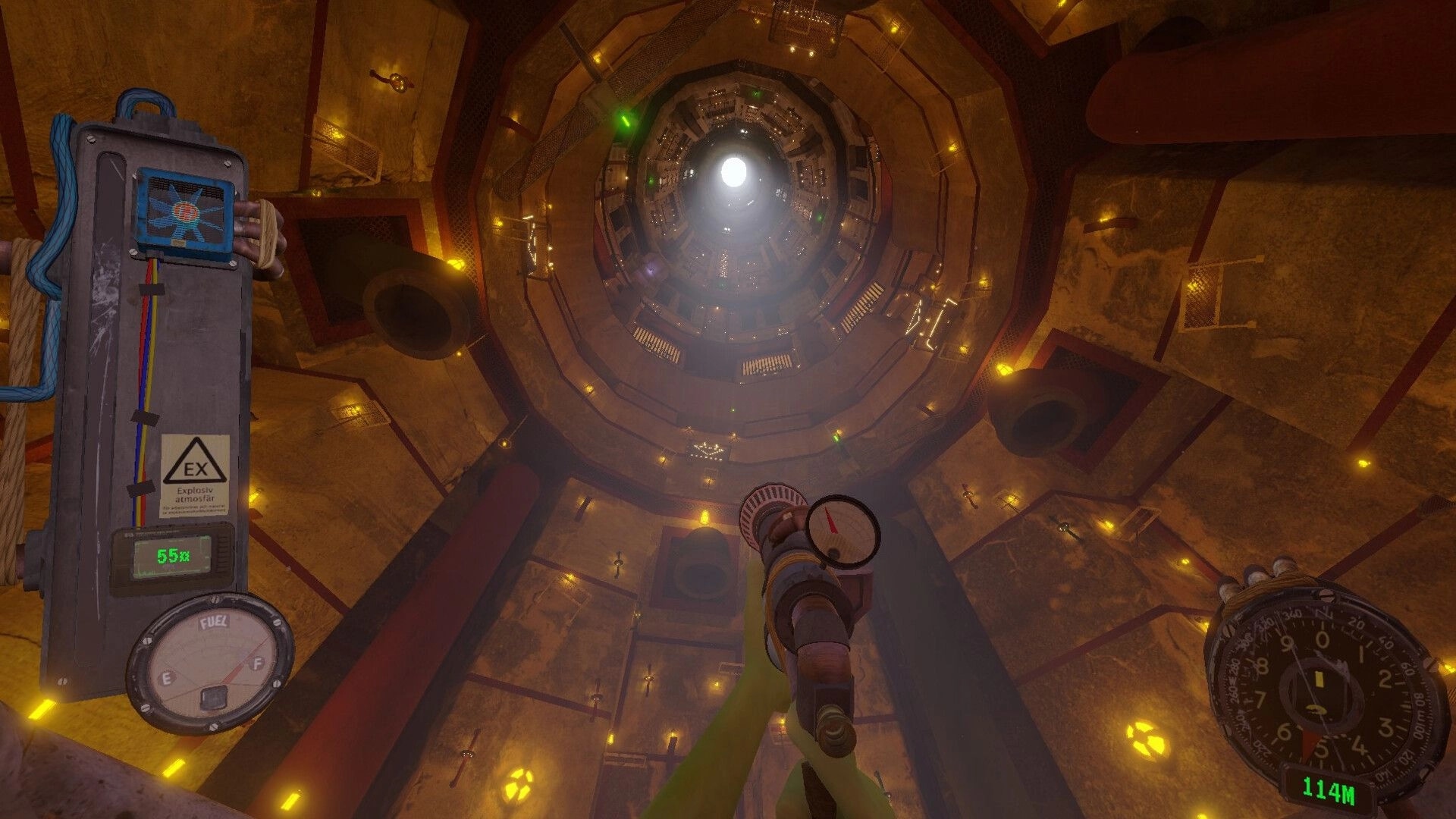 PSI: Looking up a tall industrial shaft with fuel gauge and compass HUD in a lit metal tower interior.