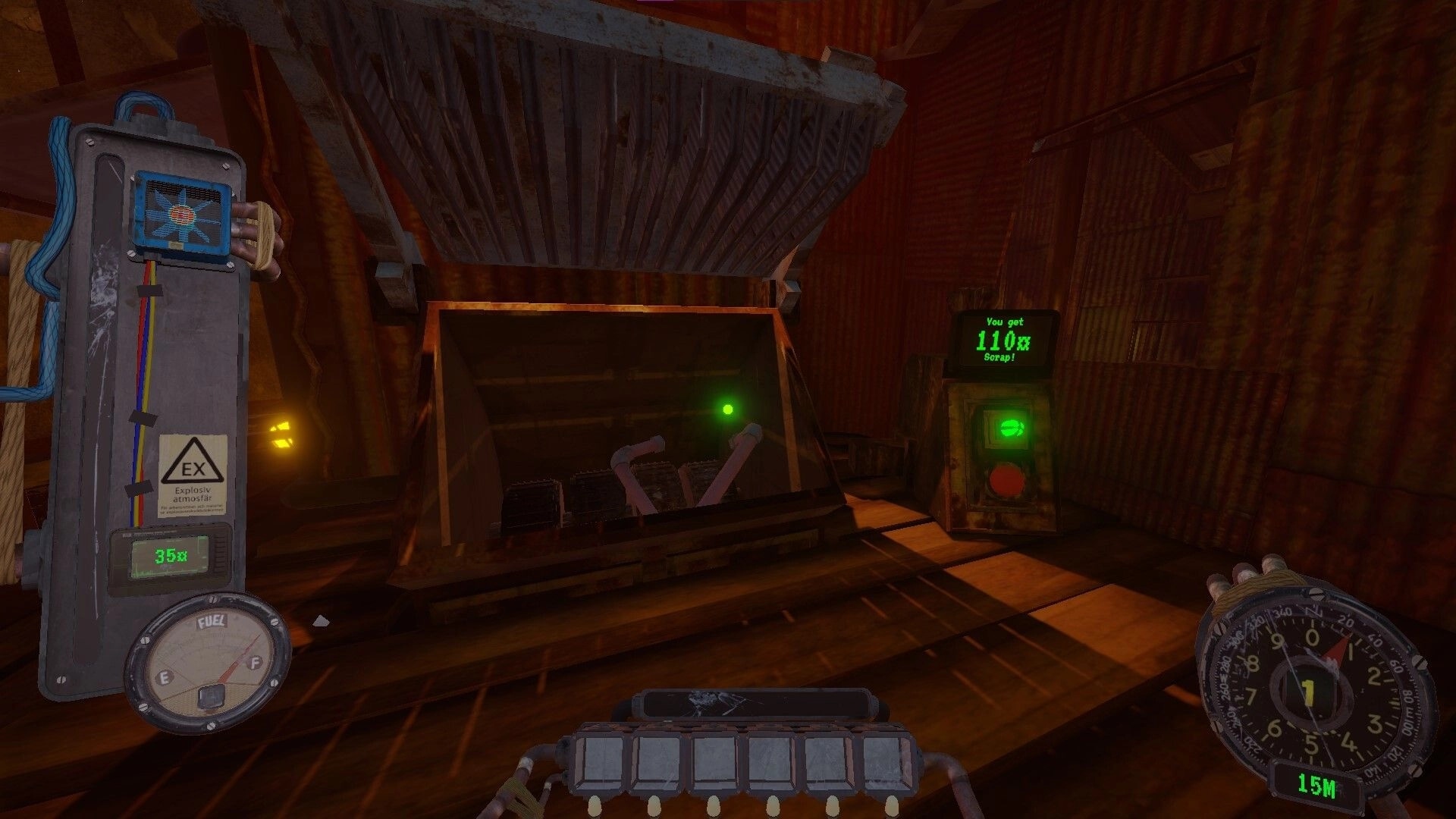 PSI: First-person view at a scrap hopper and green-lit console showing 110x scrap in rusty shed.