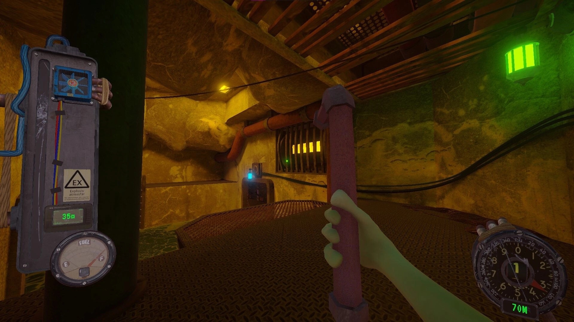 PSI: First-person view holding a pipe tool, fuel gauge and depth meter in a lit cavern tunnel.