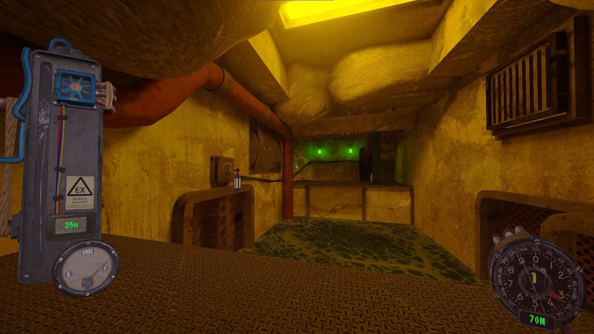 PSI: First-person view on metal catwalk with fuel gauge UI in a yellow industrial room over green sludge.