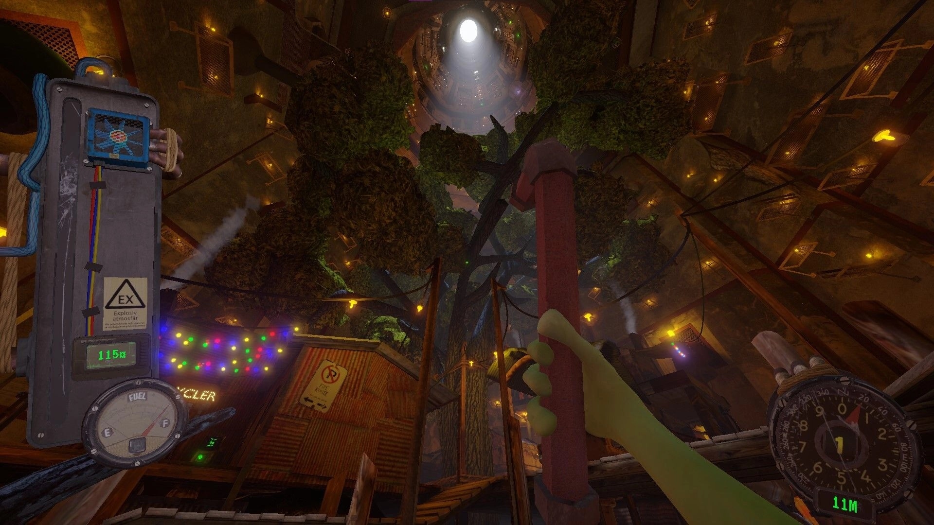 PSI: First-person view holding a red pipe, fuel gauge HUD, climbing in a lit vertical shaft.