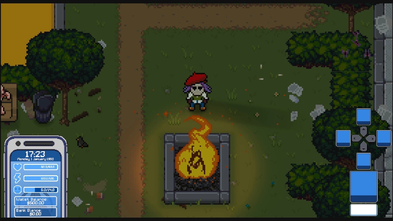 Psycasso®: Character near campfire in forest clearing with smartphone UI showing health and balance.