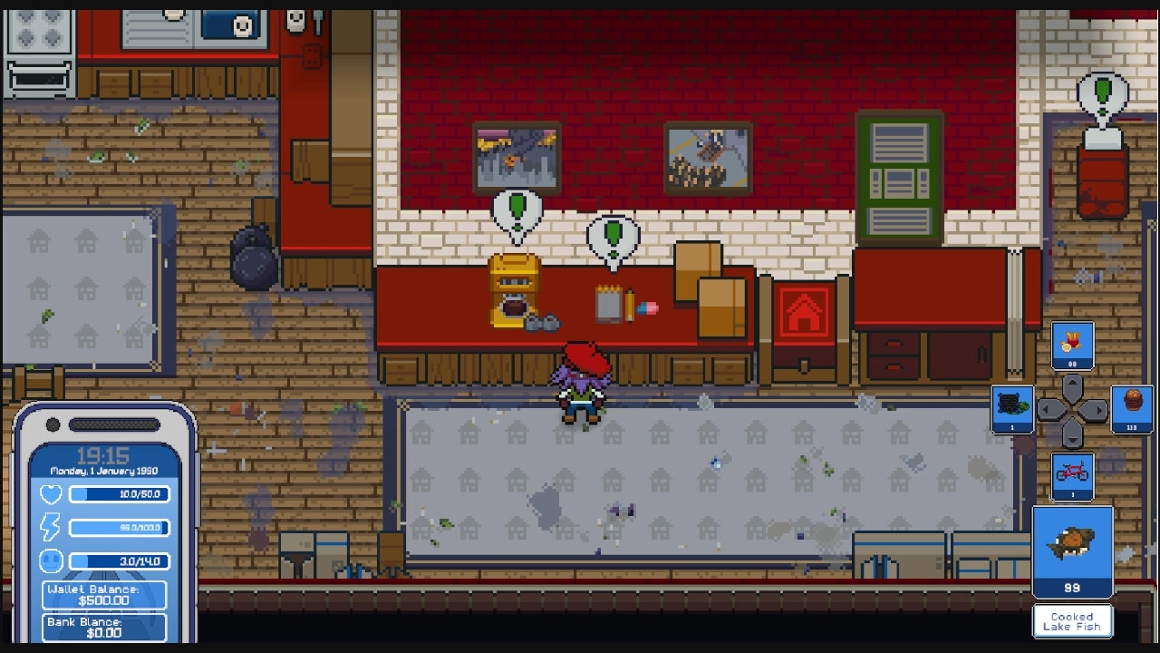 Psycasso®: Character in red hat in cluttered room with crafting items and health UI on screen