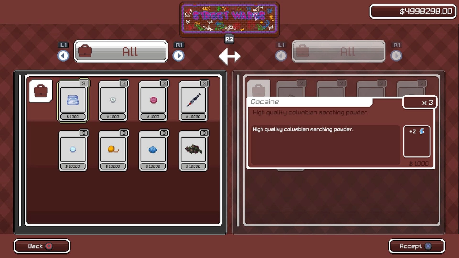 Psycasso®: Inventory menu displaying various items for sale, including cocaine, with prices shown.