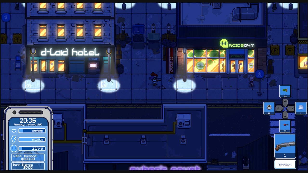 Psycasso®: Player walks through dimly lit street near d'Laid hotel, UI displays time and inventory.