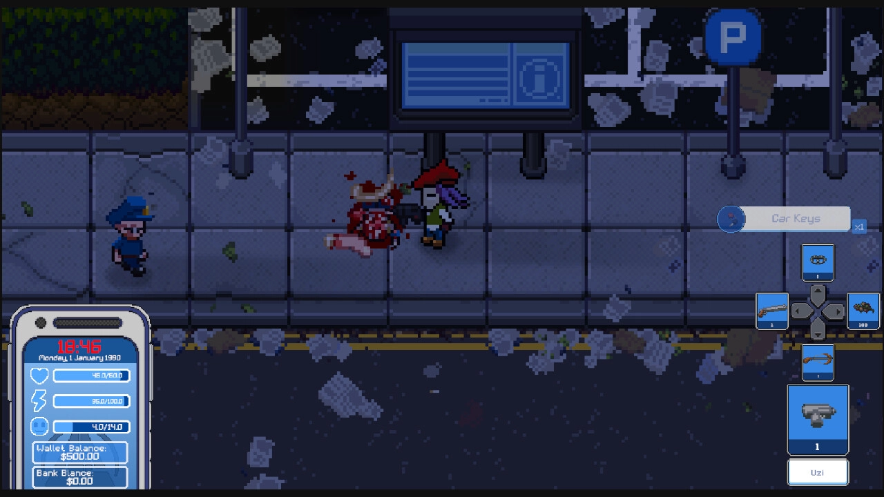 Psycasso®: Character stands over victim on a blood-stained sidewalk, inventory menu visible on the side.