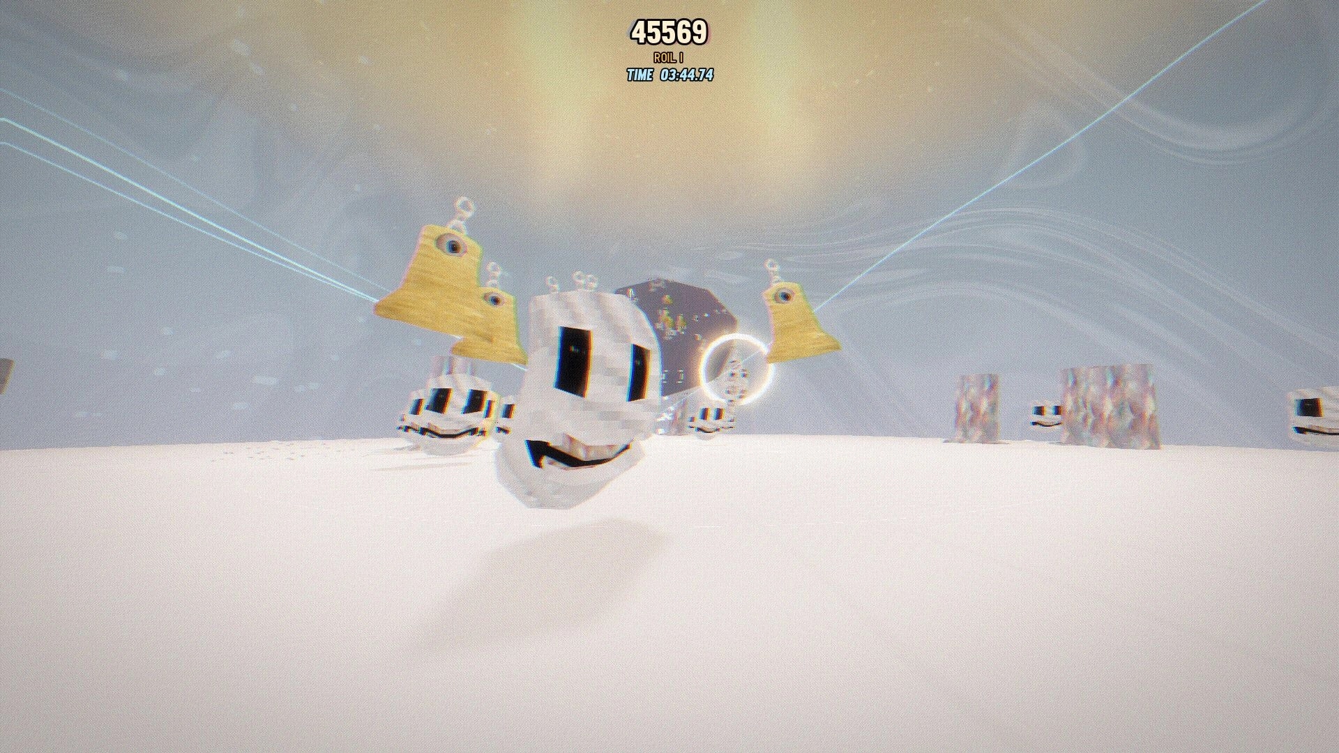 PSYCHE: Floating cube-faced enemies in a white arena, score 45569 and time 03:44.74 HUD top-center.