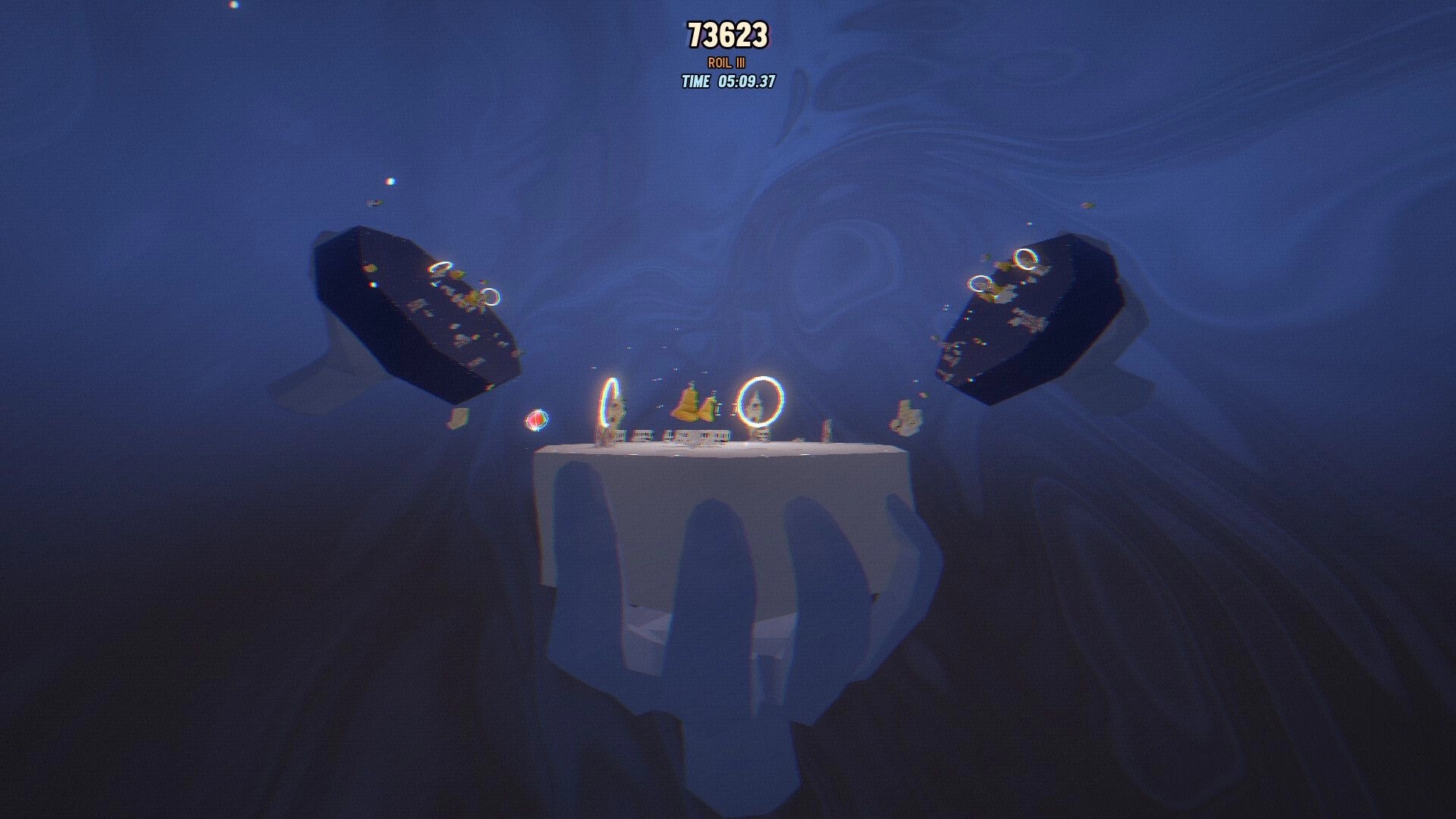 PSYCHE: Score 73623 and time 05:09.37 over floating platforms and glowing rings in blue void.