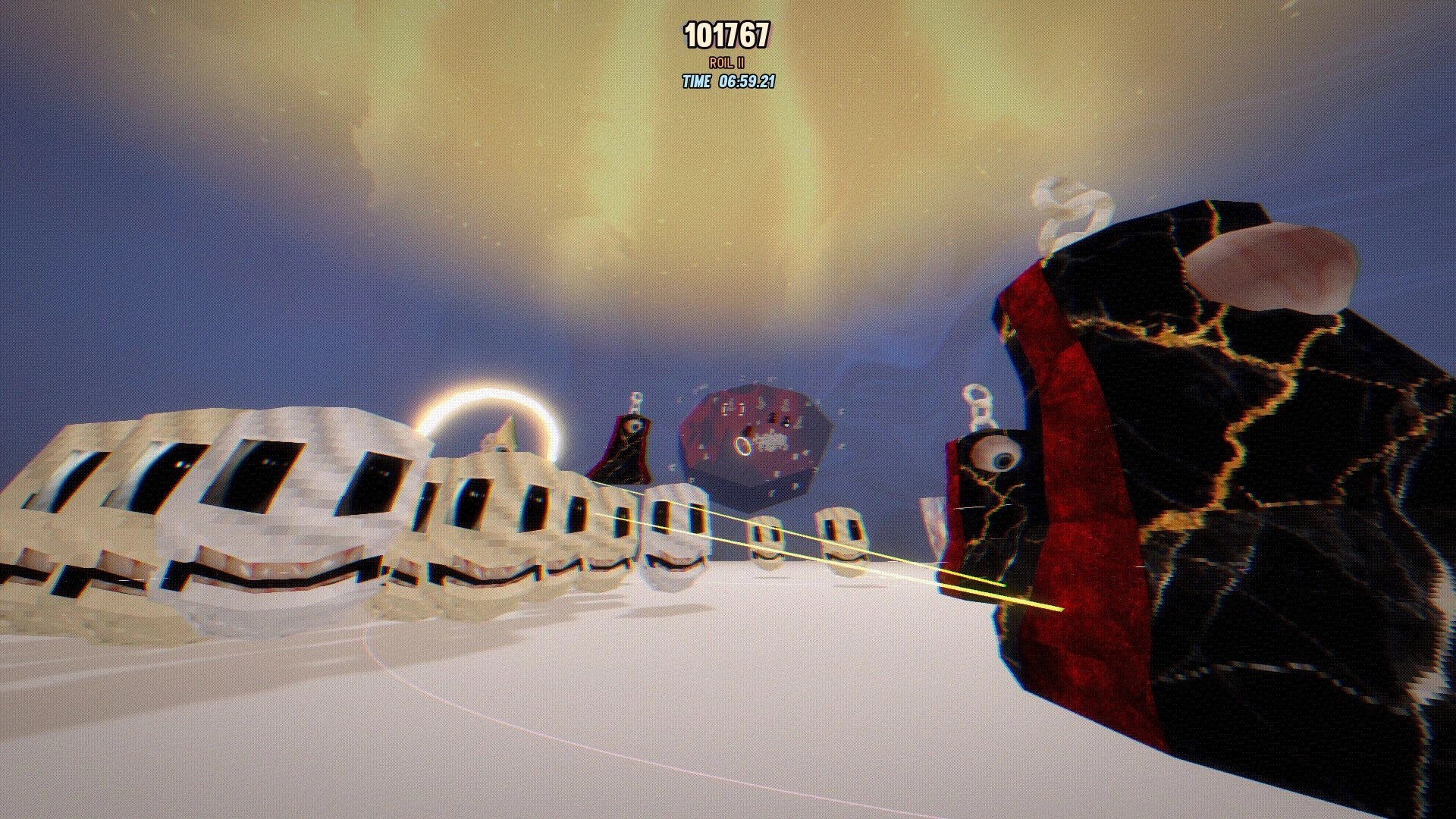 PSYCHE: First-person view with gloved fist and laser aim over white arena, score and time HUD above.