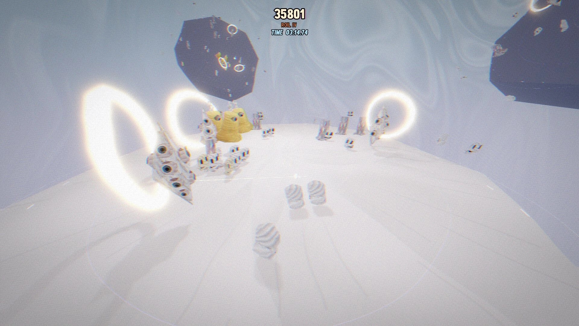 PSYCHE: Score and time HUD over white arena with glowing rings, floating rocks, and eye statues.