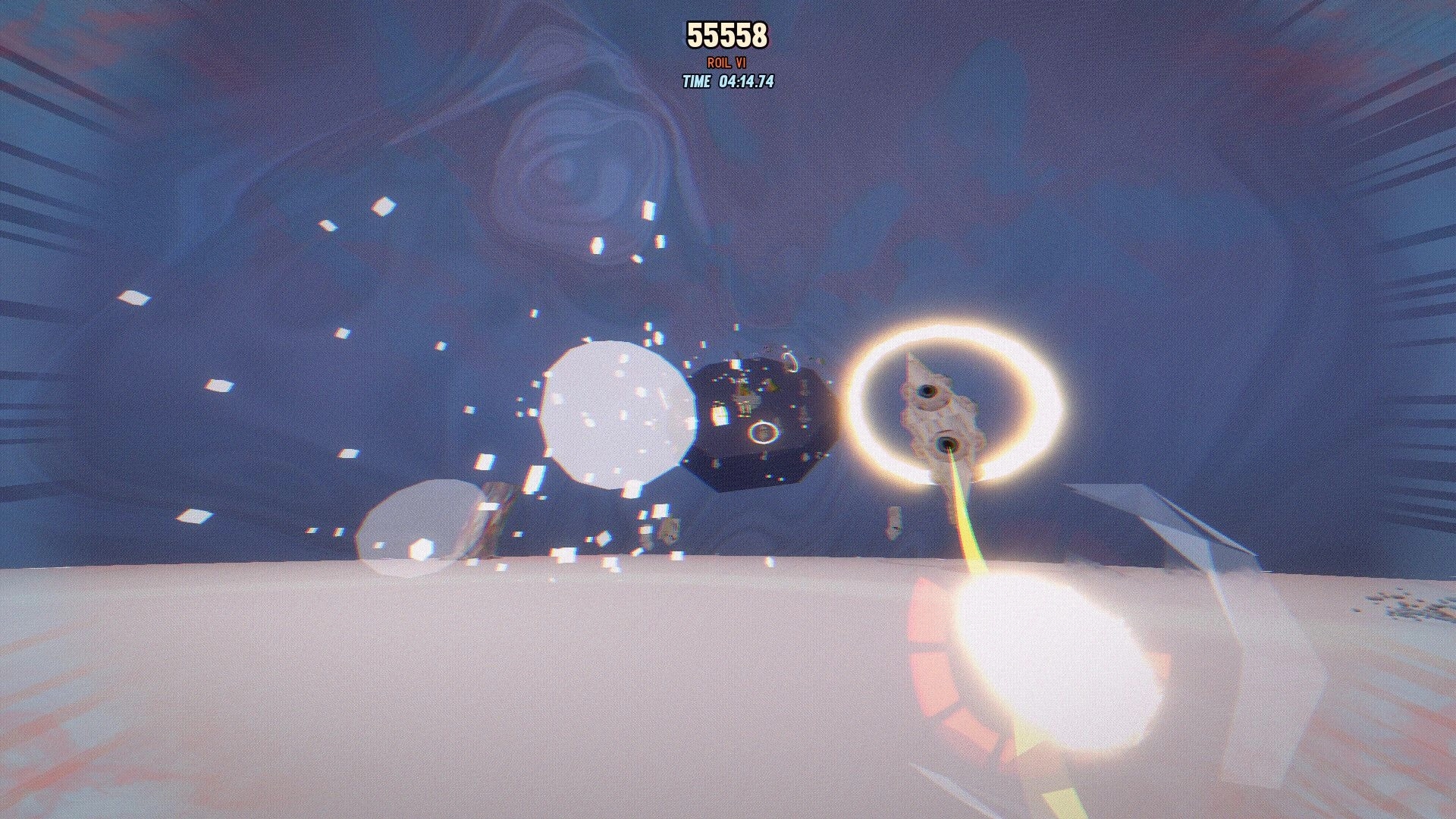 PSYCHE: First-person laser firing at a floating enemy in a surreal void arena with score and time UI.