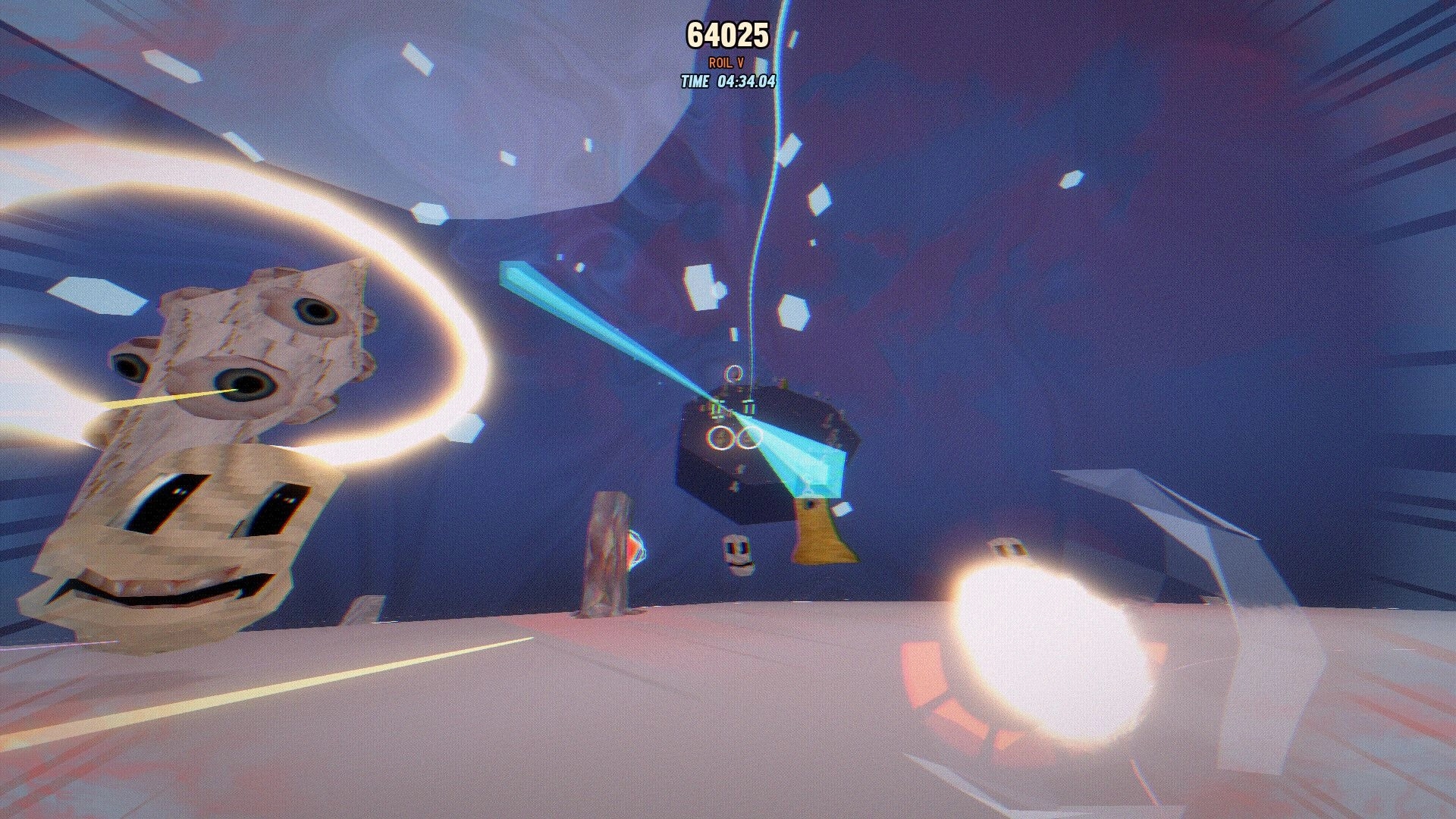 PSYCHE: First-person aiming at floating platforms in a surreal arena, score and timer HUD at top.