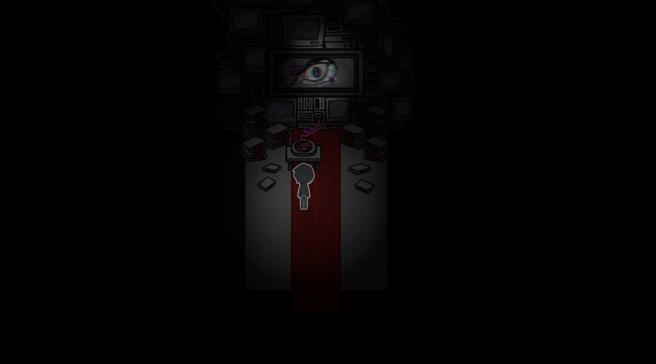 PSYCHExFUSE: Character approaches giant eye on screen in dark room filled with monitors and books.