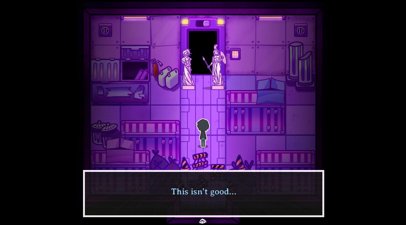 PSYCHExFUSE: Character in purple-lit room with statues, bunk beds, and a dialogue box saying "This isn't good..."