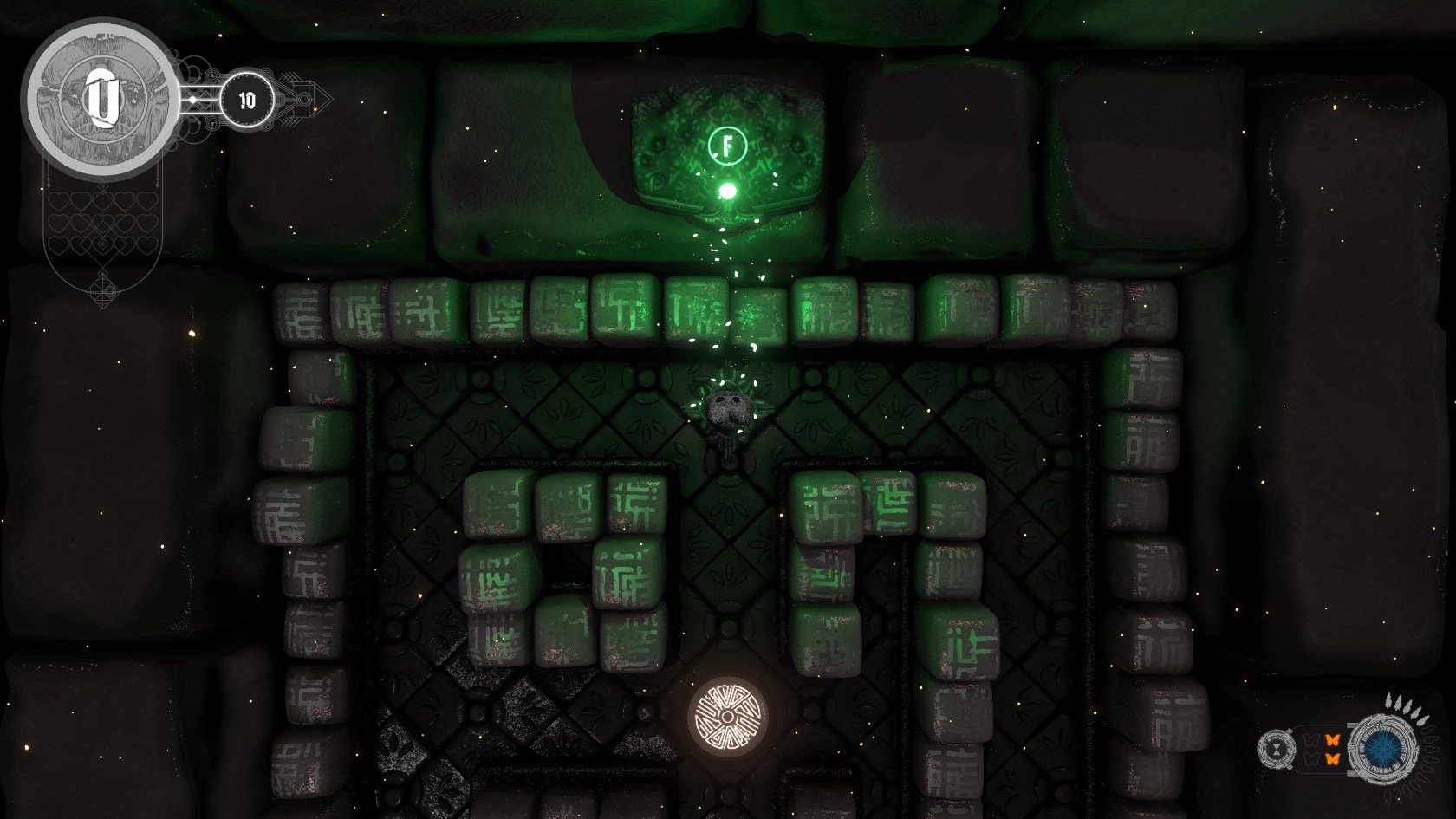 Psycho Banger: Top-down view of character navigating a dark, stone dungeon with glowing green symbols.