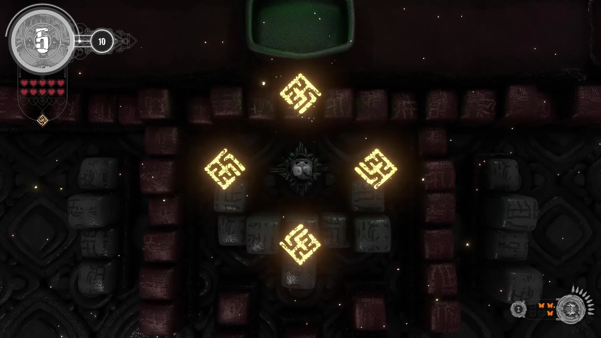 Psycho Banger: Central glowing symbols in a dark dungeon with health and score UI elements visible
