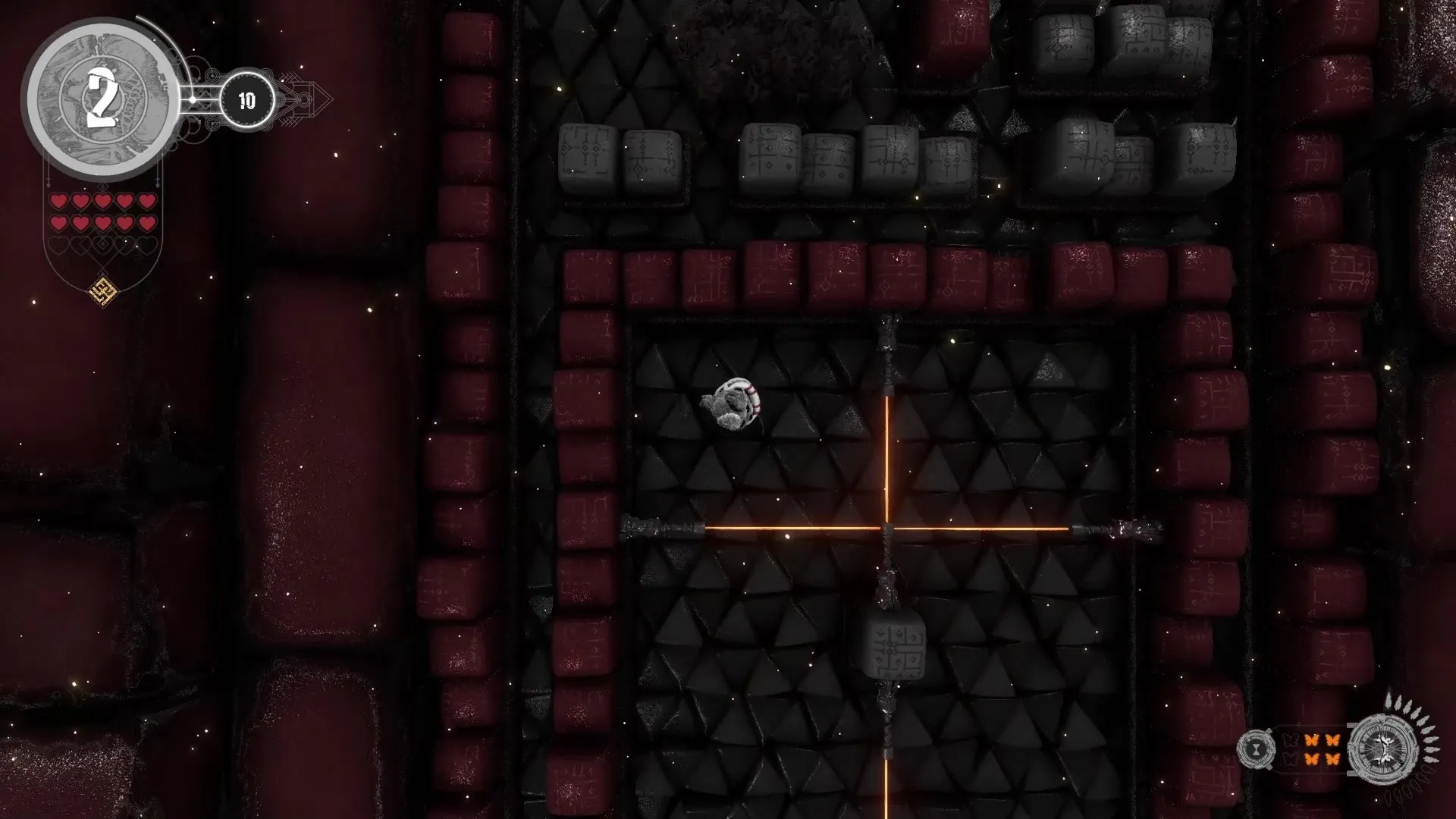 Psycho Banger: Player navigates laser traps in a dark, stone-tiled dungeon with heart health display visible.