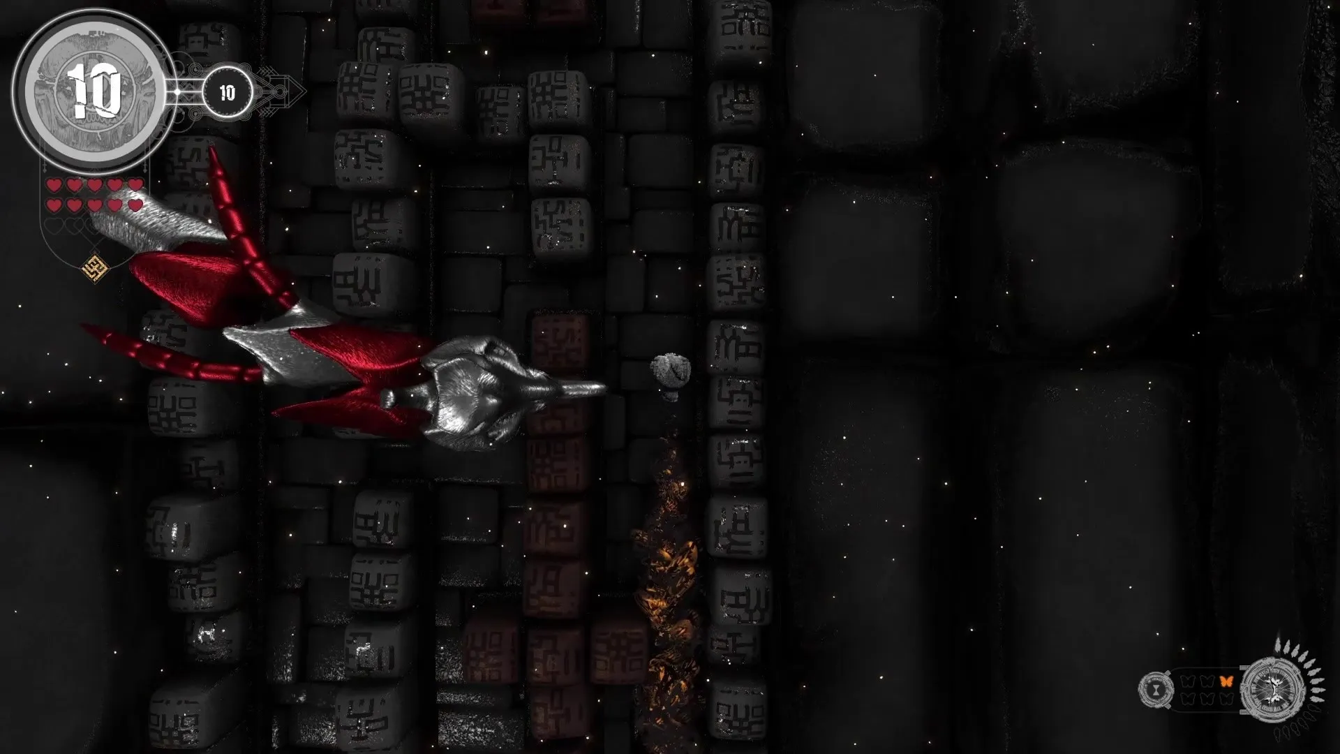 Psycho Banger: Top-down view of dungeon with red-armored character navigating stone path and HUD elements