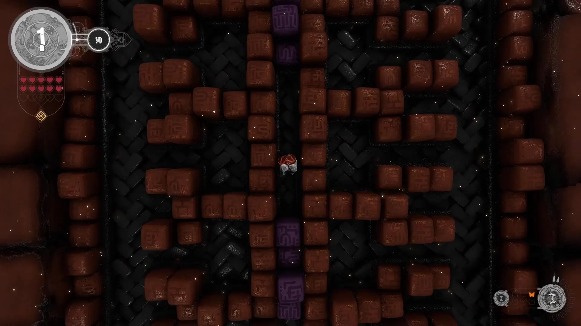 Psycho Banger: Player navigates maze-like dungeon with heart-based health display on left side