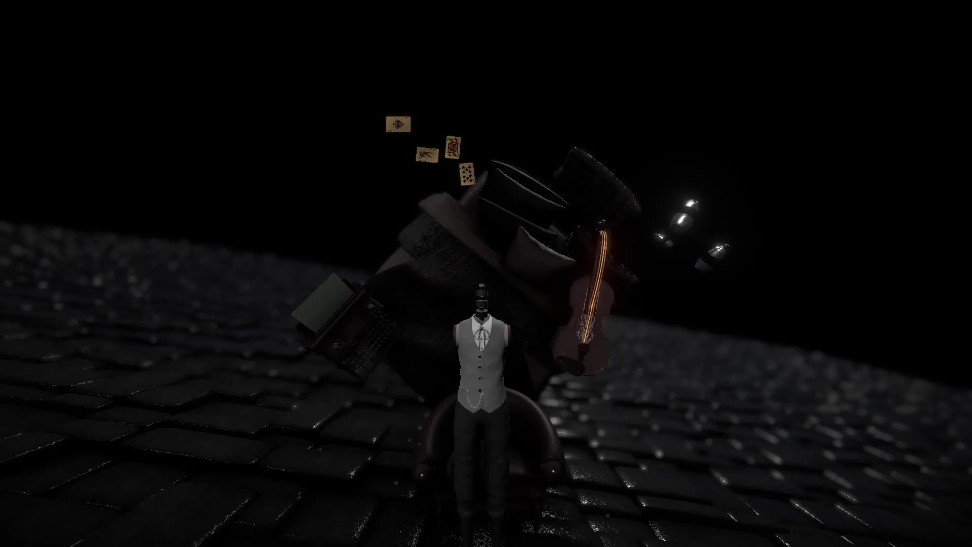 Psycho Banger: Headless mannequin in suit with floating cards and violin on dark cobblestone street