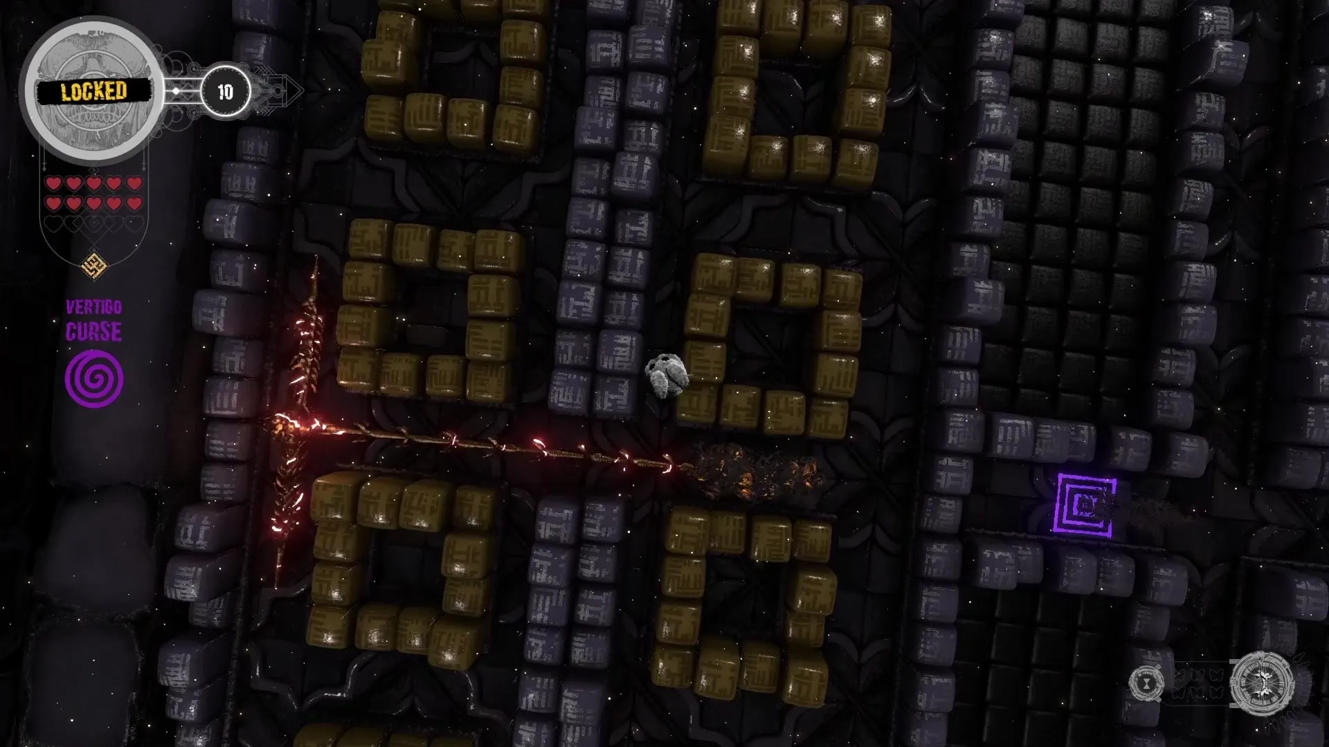 Psycho Banger: Player navigating maze with locked UI, health hearts, and Vertigo Curse active