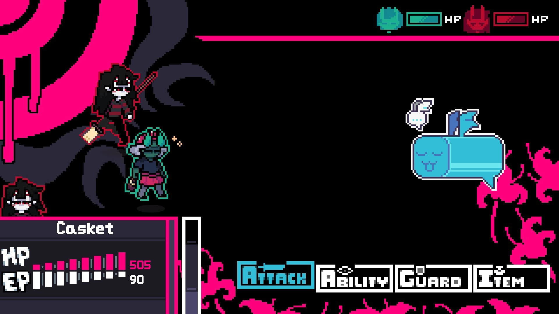 PSYCHO CASKET: Turn-based battle UI with Attack/Ability/Guard/Item as heroes face a blue enemy.