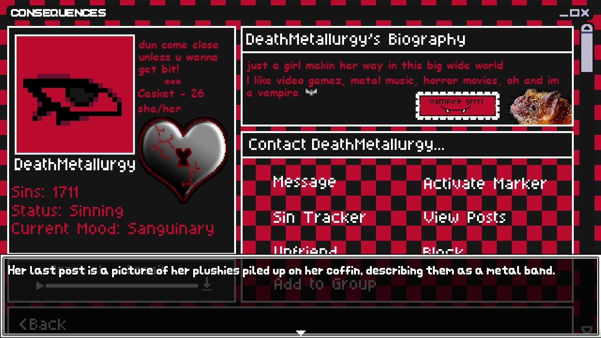 PSYCHO CASKET: DeathMetallurgy profile and biography screen with message and sin tracker options.