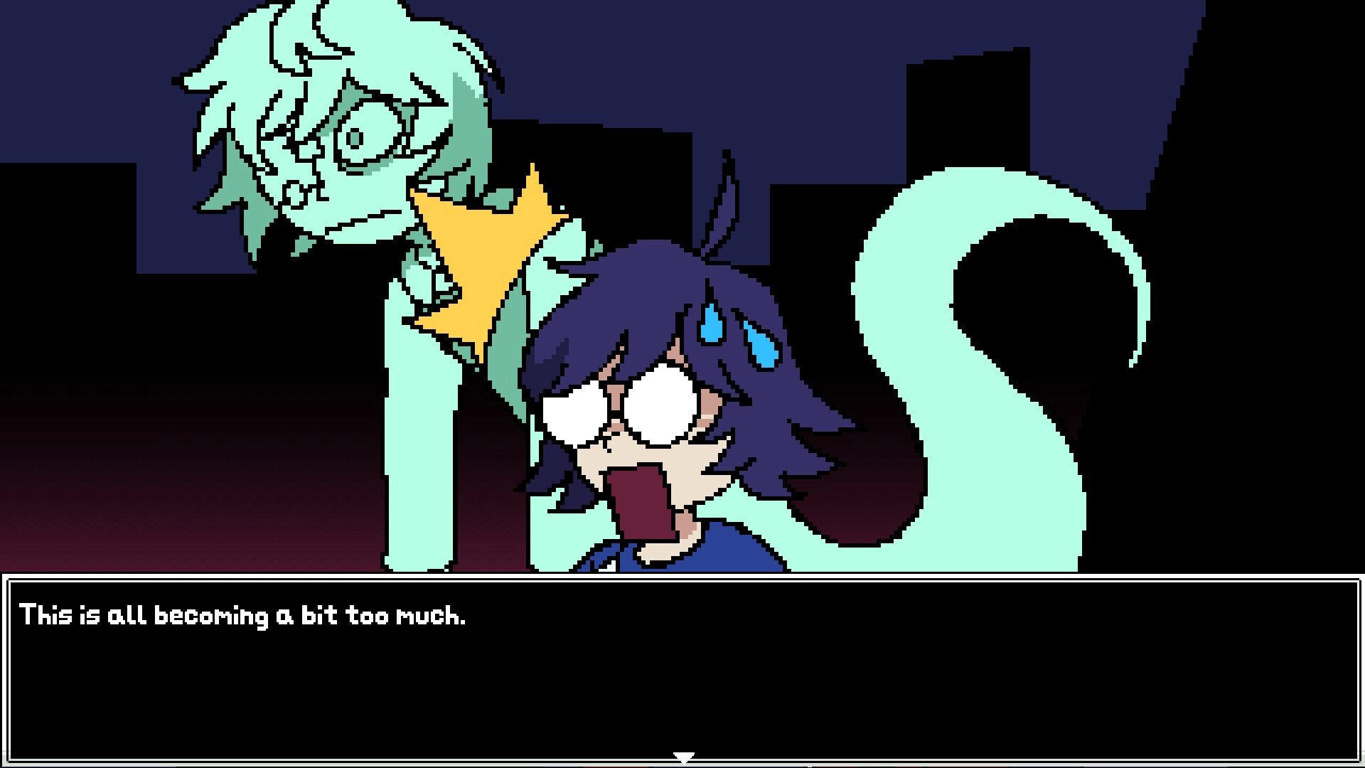 PSYCHO CASKET: Dialogue scene with two shocked characters in dark city, text box reads too much.