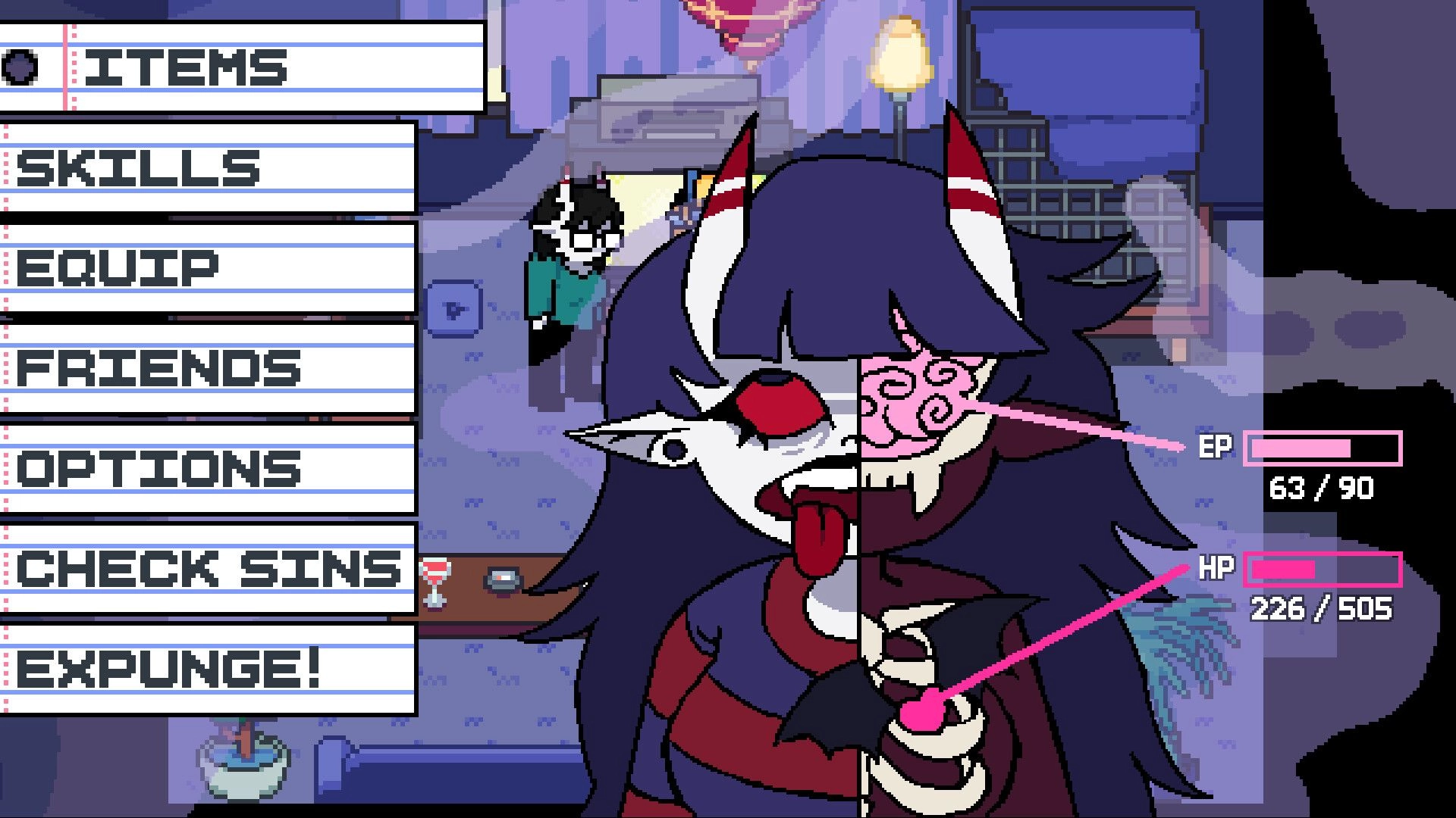 PSYCHO CASKET: Pause menu with Items and Skills beside vampire portrait, EP/HP bars in bedroom scene.