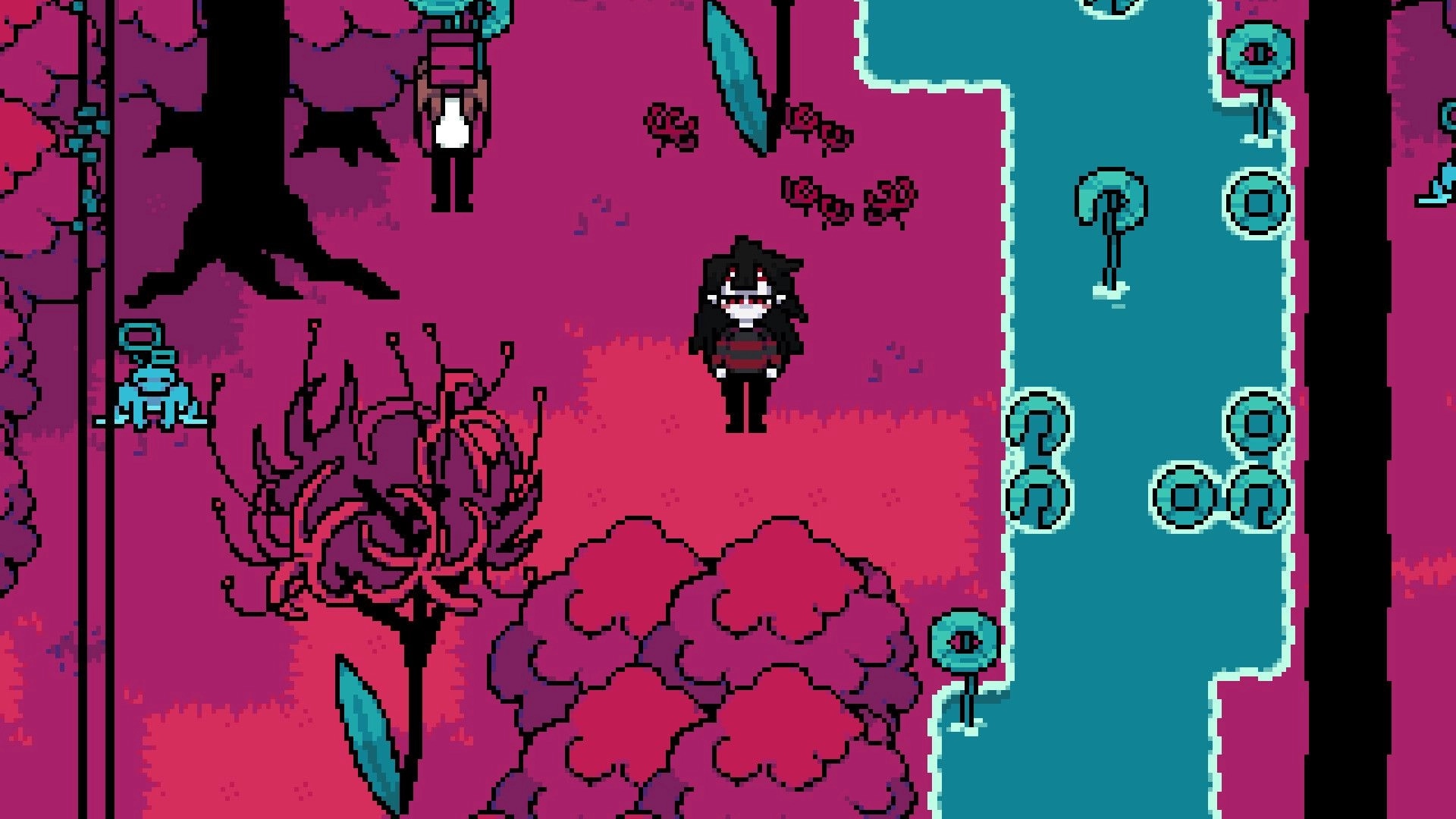 PSYCHO CASKET: Player character stands by a blue river with eyeball plants in a pink forest path.
