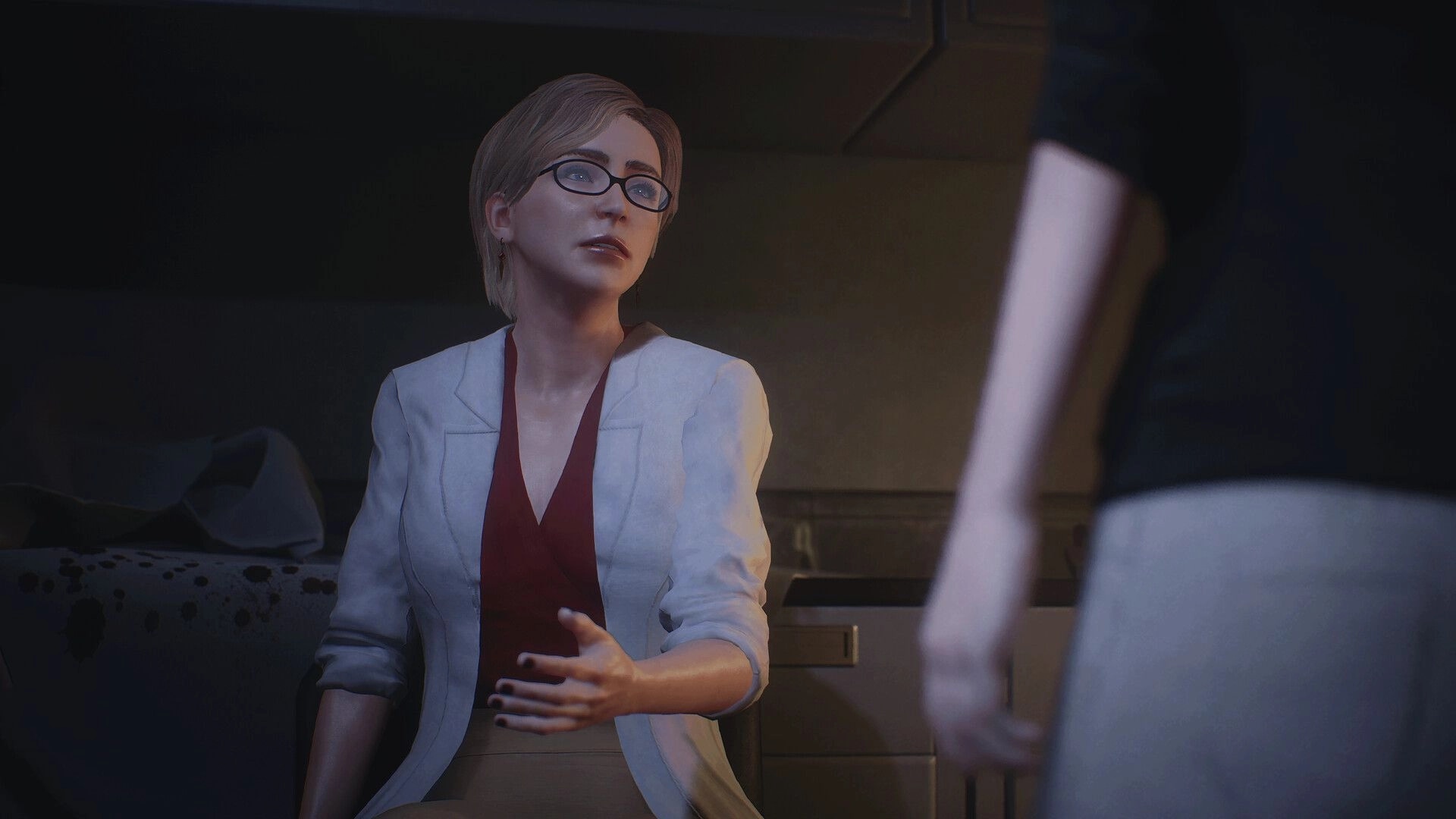 PSYCHO DEAD: Woman in white coat sitting, talking to standing character in dimly lit laboratory setting.