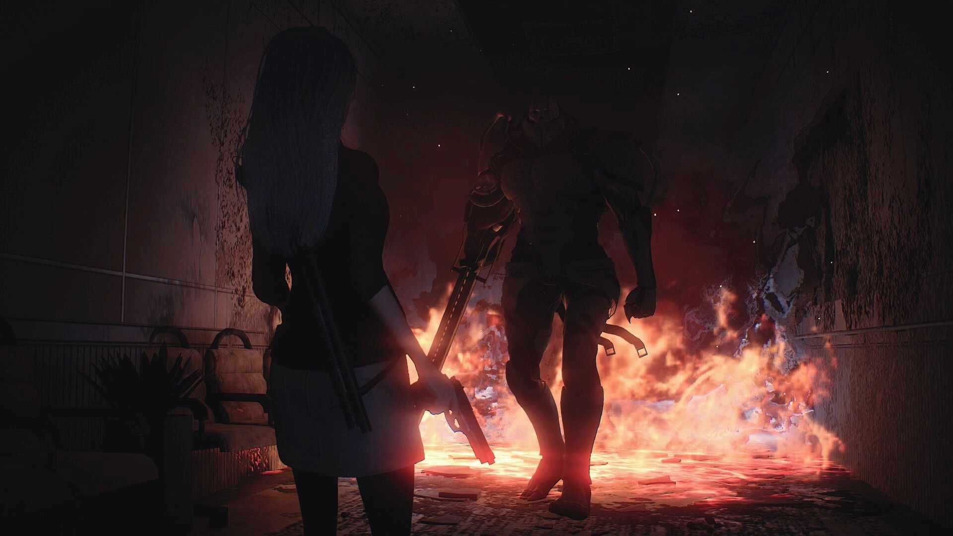 PSYCHO DEAD: Girl with gun faces armored stalker in dark corridor with flames in the background