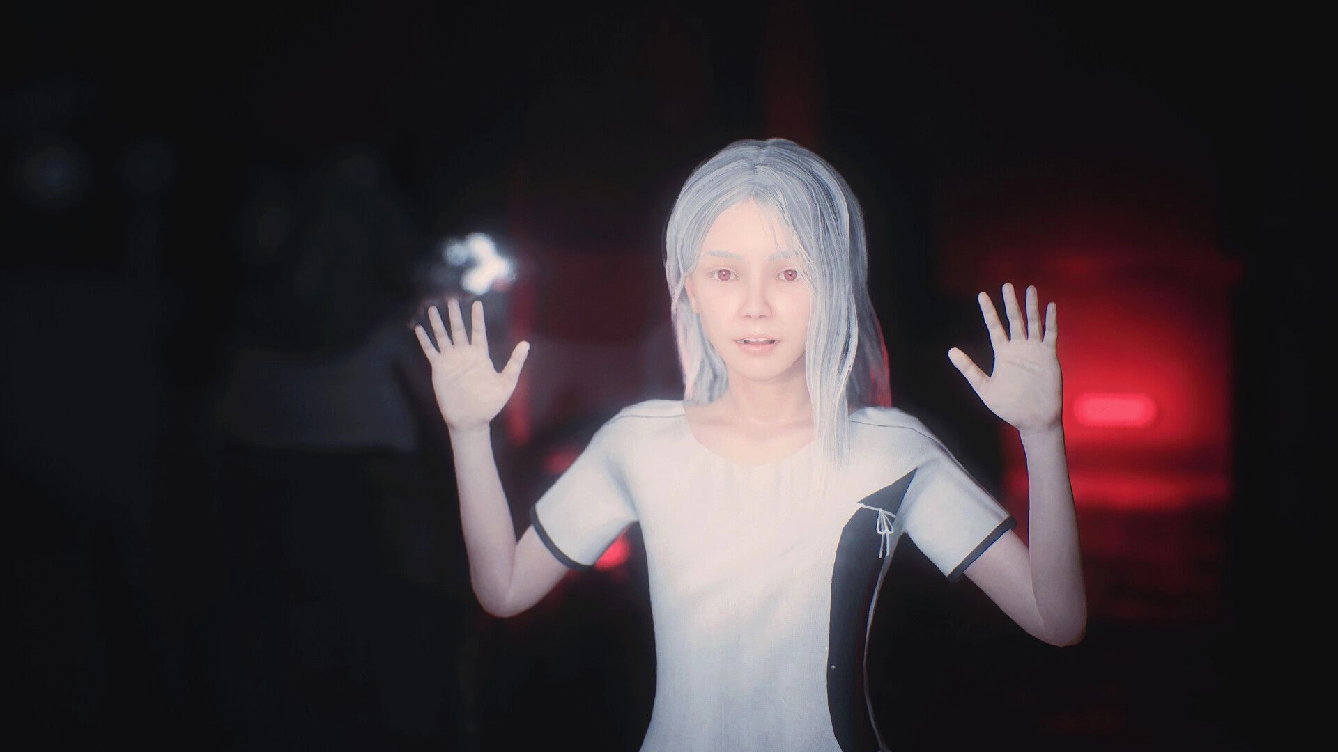 PSYCHO DEAD: Girl with psychic powers raises hands in a dark lab, red light glowing behind her.