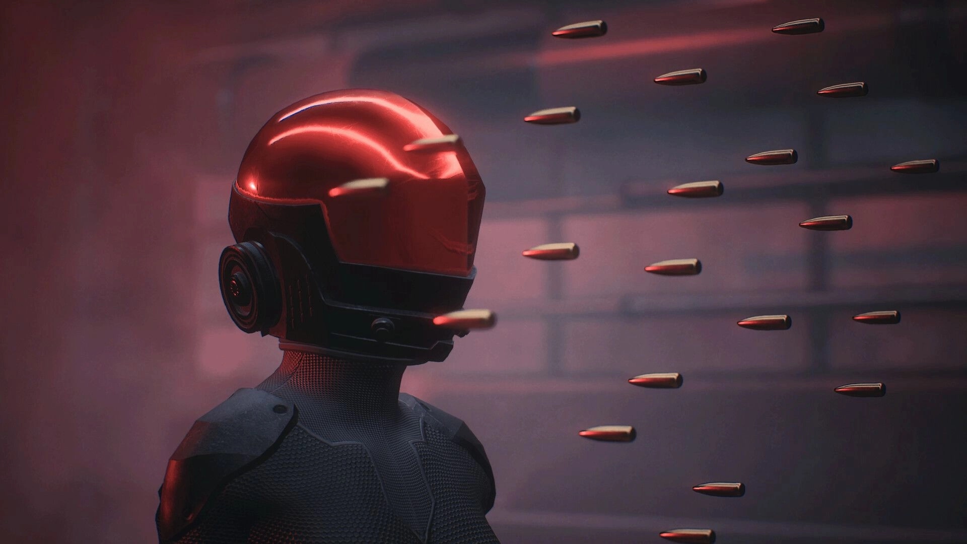 PSYCHO DEAD: Character in red helmet using psychic power to stop bullets in a dimly lit corridor