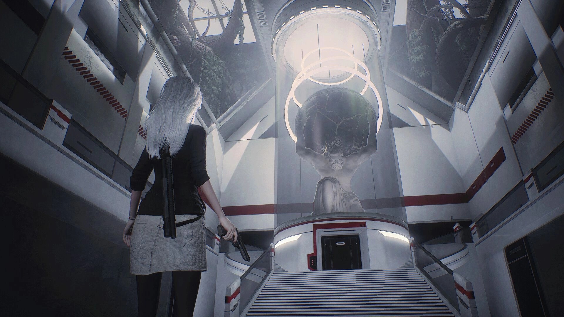 PSYCHO DEAD: Girl with psychic power holds a weapon in futuristic lab with stairs leading to a sphere.