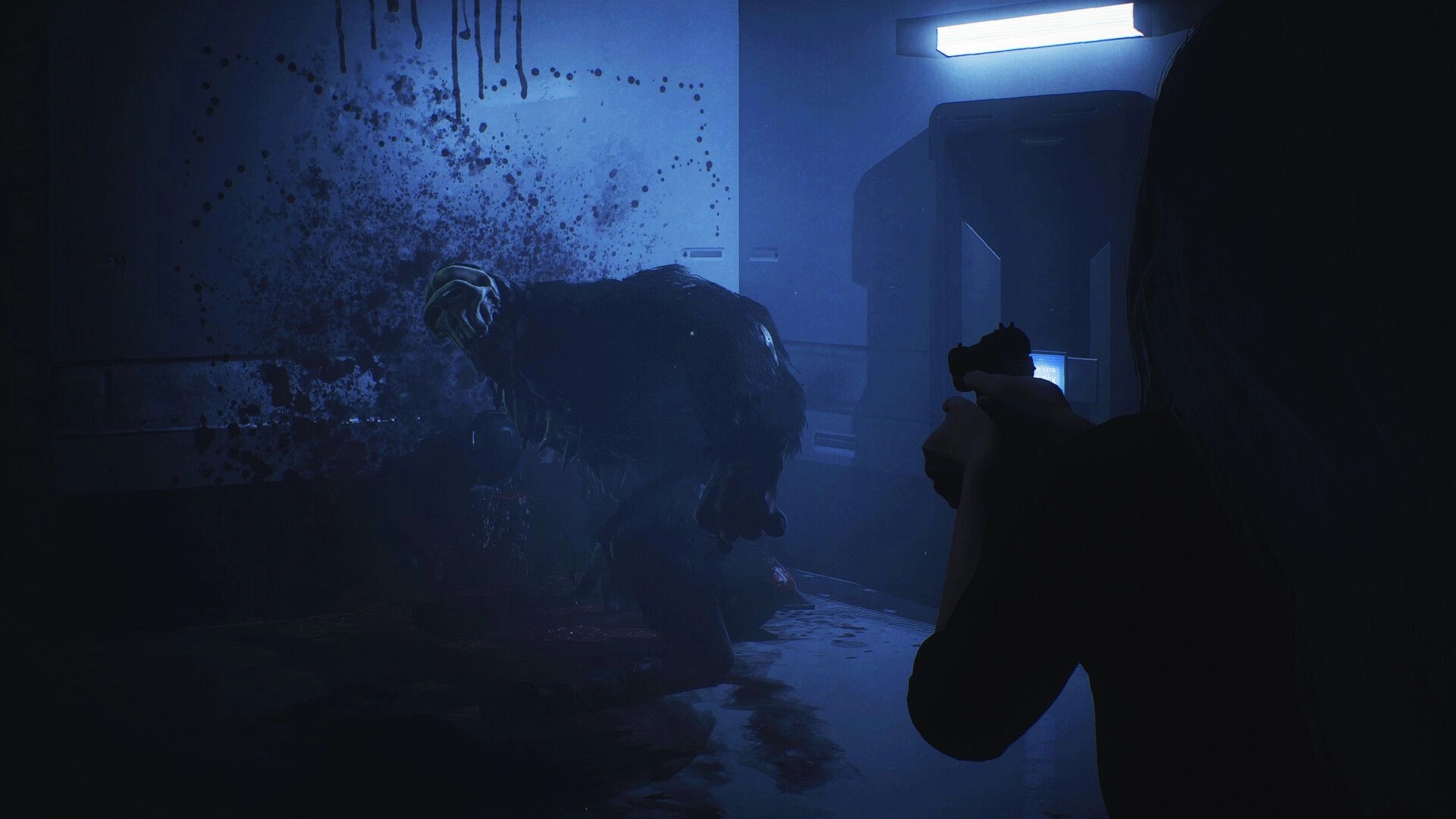 PSYCHO DEAD: Girl aiming pistol at mutant creature in dimly lit corridor with blood-splattered walls