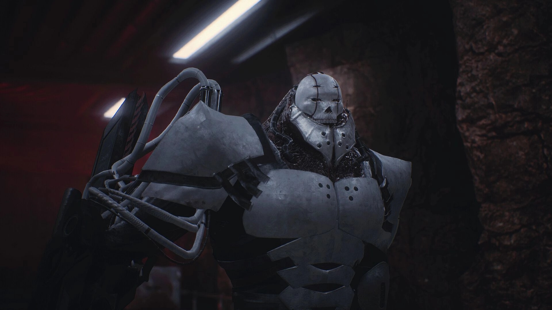 PSYCHO DEAD: A menacing armored stalker in a dimly lit underground lab corridor with red lighting.