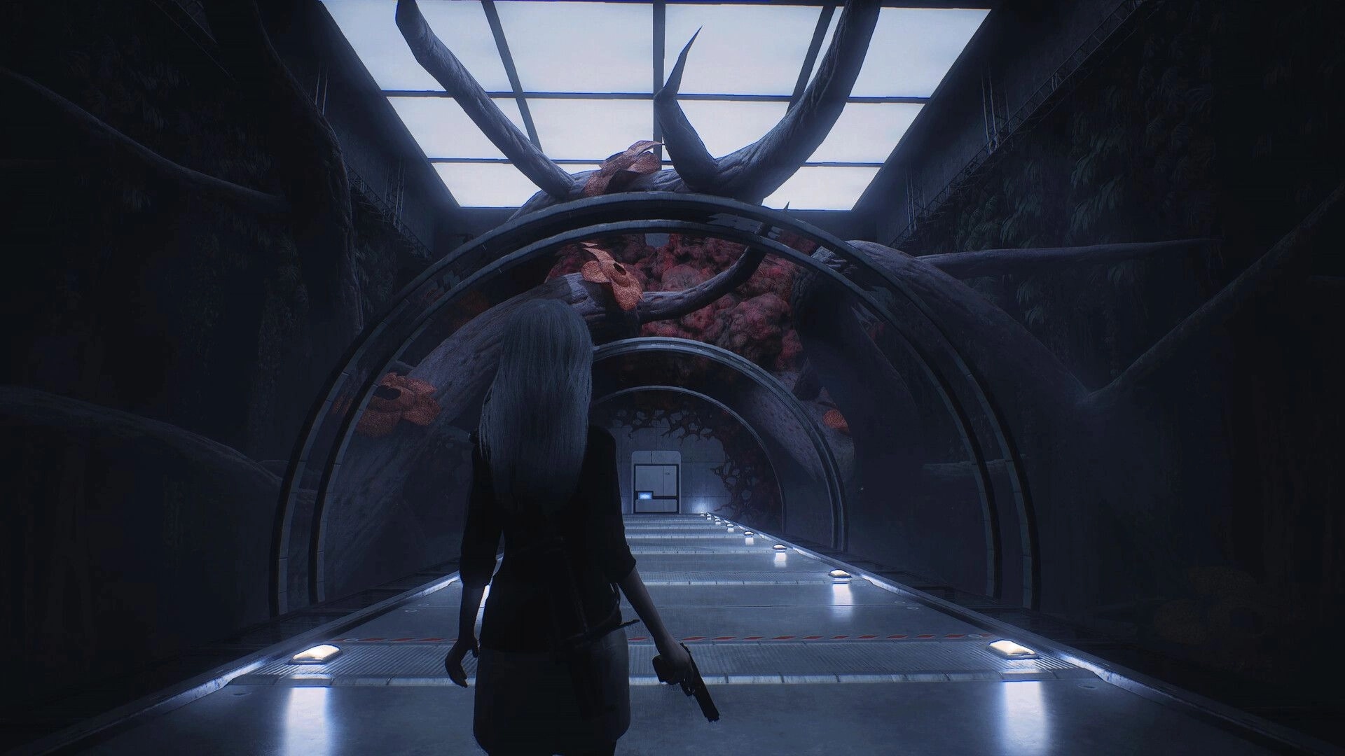 PSYCHO DEAD: Girl with gun in dark, overgrown tunnel of secret lab, eerie atmosphere enveloping hallway.